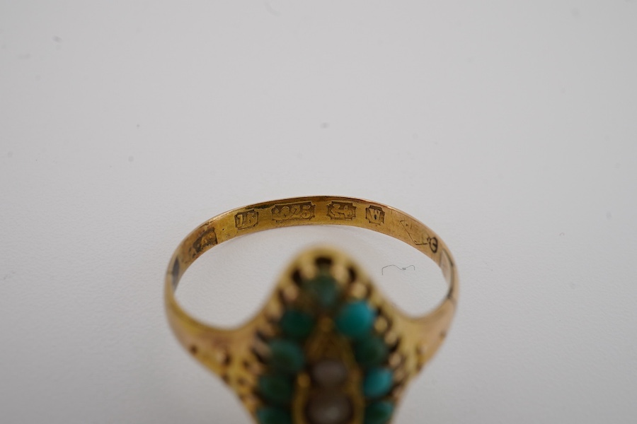 A Victorian 15ct gold, turquoise and seed pearl set marquise shaped ring, size N, together with an 18ct and diamond cluster set flower head ring, with 'coloured' petals, size O, gross weight 6.1 grams. Condition - fair